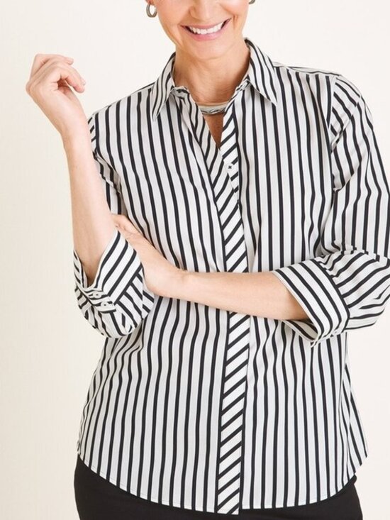 Chico's Tops - Chico's No Iron Stain Shield Cotton Black White Striped Easy Shirt NWT M